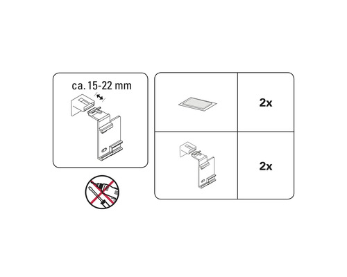 Zeichnung der Montage des Produkts mit einer Größe von circa 15 bis 22 Millimeter und der Angabe, dass es zweimal enthalten ist. Schraubenzieher ist nicht erlaubt.