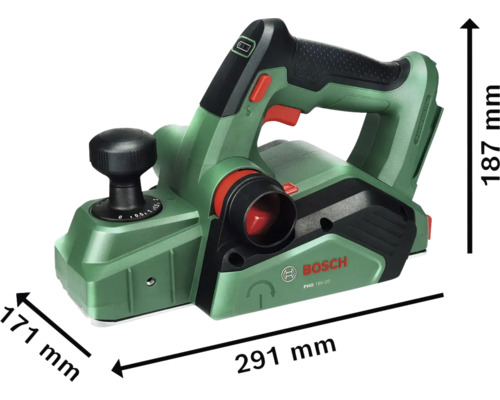 Hobelmaschine mit den Maßen 171 mm Breite, 291 mm Länge und 187 mm Höhe