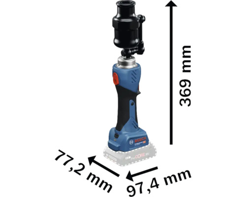 Bosch Akku-Rohrpresszange mit den Maßen 369 mm Höhe, 77,2 mm Breite und 97,4 mm Tiefe