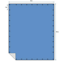 Abbildung einer rechteckigen Poolabdeckung mit Ösen und den Maßen 8 Meter mal 10 Meter.