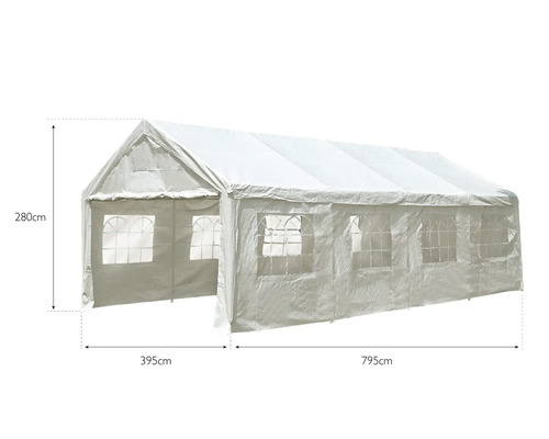 Weißes Partyzelt mit den Maßen 280 x 395 x 795 cm.
