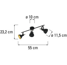 Deckenleuchte mit drei Strahlern und Größenangaben