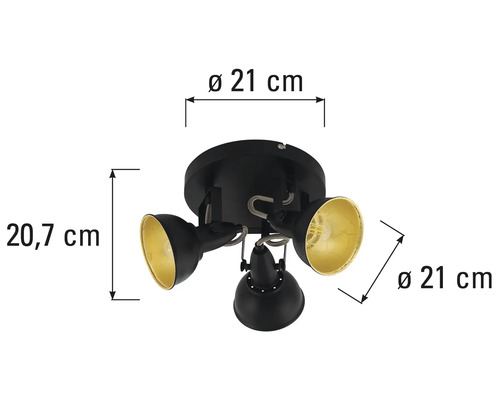 Deckenleuchte mit drei Strahlern und Maßangaben