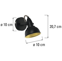 Schwarze Wandleuchte mit den Maßen 20,7 Zentimeter Höhe und 10 Zentimeter Durchmesser.
