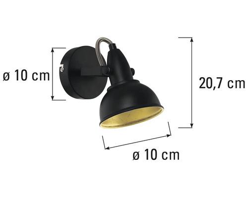 Schwarze Wandleuchte mit den Maßen 20,7 Zentimeter Höhe und 10 Zentimeter Durchmesser.