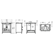 Maßzeichnung eines Ofens mit detaillierten Abmessungen