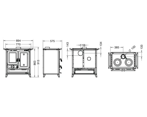 Maßzeichnung eines Ofens mit detaillierten Abmessungen