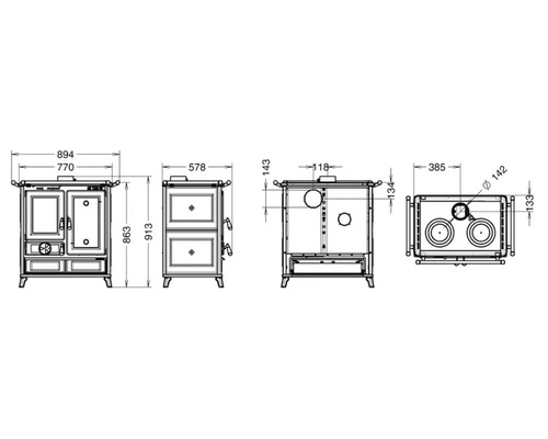 Maßzeichnung des Ofens mit allen relevanten Abmessungen