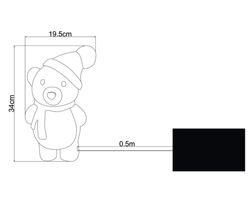 Abbildung eines Teddybären mit Mütze und Schal mit den Maßen 34 cm Höhe und 19,5 cm Breite