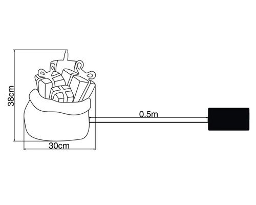 Zeichnung eines Weihnachtsmannsacks mit Geschenken und Maßangaben: 38 Zentimeter hoch, 30 Zentimeter breit, 0,5 Meter Kabellänge.