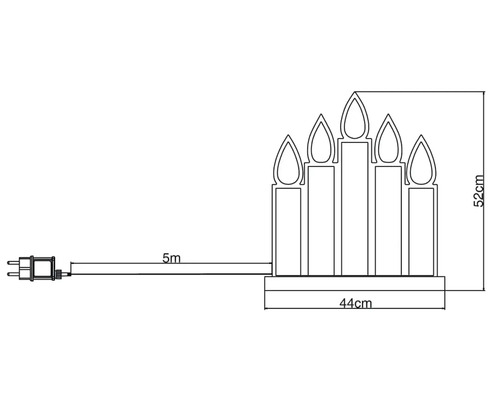 Technische Zeichnung einer Lichterkette mit fünf Kerzen, 44 cm breit und 52 cm hoch, mit einem fünf Meter langen Kabel.