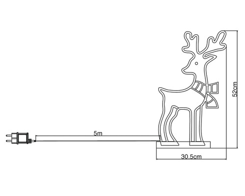 Abmessungen einer Rentier-Weihnachtsdekoration mit Zuleitung und Stecker