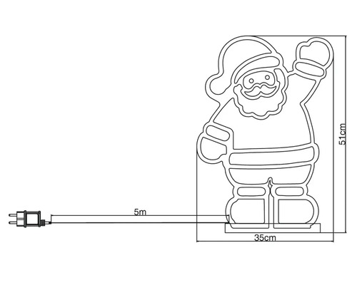 Abmessungen der Santa-Claus-Leuchtfigur: 51 cm hoch und 35 cm breit, Kabellänge 5 Meter