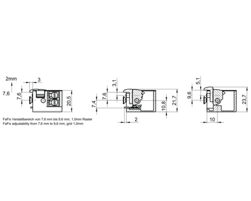 Technische Zeichnung eines FaFix Verbindungsteils mit Maßangaben