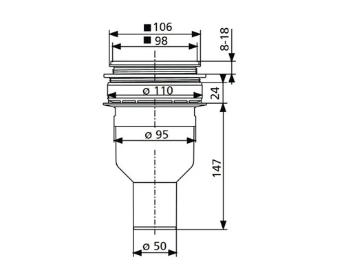 Technische Zeichnung eines Siphons mit Maßangaben