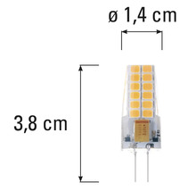 G4 LED Leuchtmittel mit den Maßen 3,8 cm Länge und 1,4 cm Durchmesser
