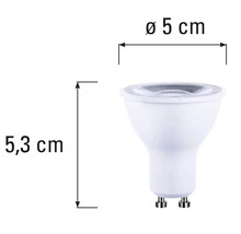 GU10 Leuchtmittel mit den Maßen 5,3 cm Höhe und 5 cm Durchmesser