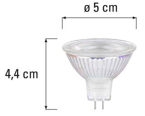 MR16 Leuchtmittel mit den Maßen 4,4 cm Höhe und 5 cm Durchmesser