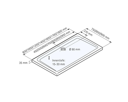 Technische Zeichnung einer Duschwanne mit Maßangaben