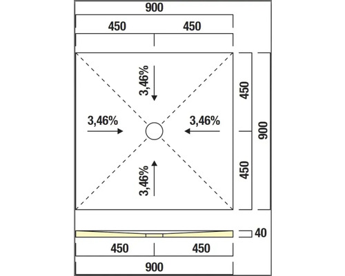 Technische Zeichnung einer Duschwanne mit Abmessungen