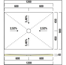 Technische Zeichnung einer Duschwanne mit Maßen und Gefälleangaben