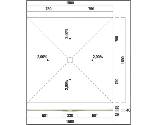 Technische Zeichnung einer Duschwanne mit Maßangaben
