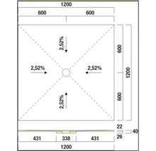 Technische Zeichnung einer Duschwanne mit Maßangaben