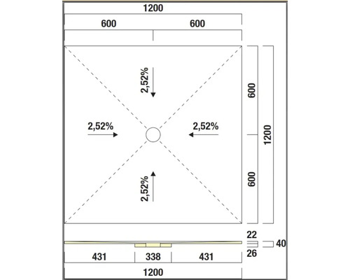 Technische Zeichnung einer Duschwanne mit Maßangaben