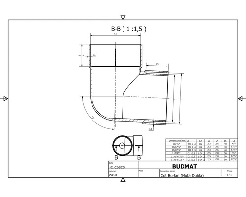 Technische Zeichnung eines Rohrbogens mit Maßen