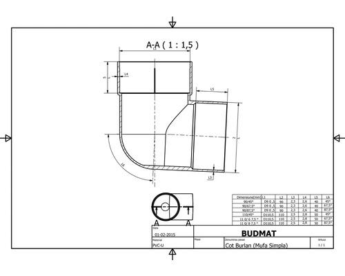 Technische Zeichnung eines Budmat Bogenrohrs (einfache Muffe) mit Maßangaben