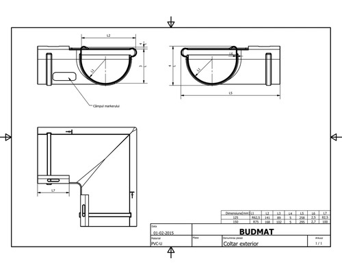 Technische Zeichnung eines Budmat Außenwinkels aus Polyvinylchlorid
