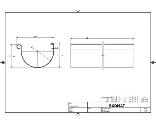 Technische Zeichnung einer Dachrinne mit Maßen