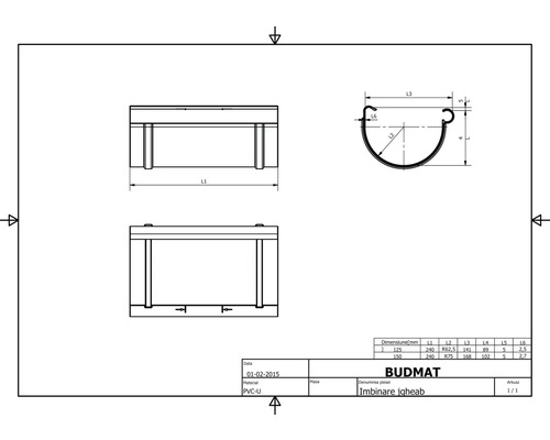 Technische Zeichnung eines Dachrinnenverbinders aus Kunststoff