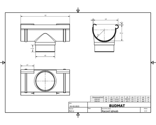 Technische Zeichnung eines Dachrinnenverbindungsstücks mit Maßangaben