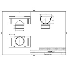 Technische Zeichnung eines Dachrinnenverbindungsstücks von Budmat mit Maßangaben