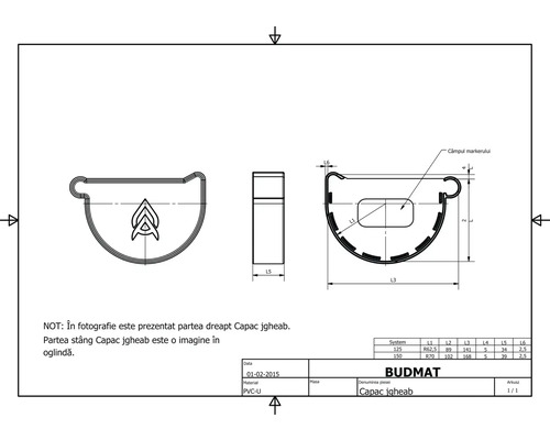 Technische Zeichnung eines Dachrinnenendstücks mit Maßangaben