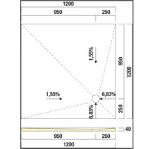 Technische Zeichnung einer Duschwanne mit Abmessungen