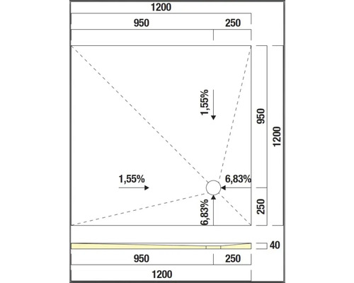 Technische Zeichnung einer Duschwanne mit Abmessungen