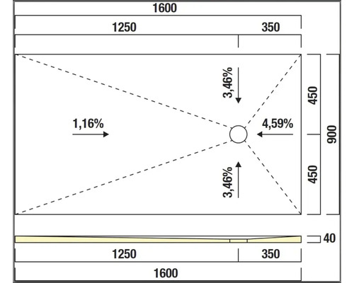 Technische Zeichnung einer Duschwanne mit Maßangaben