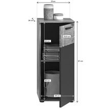 Schmaler Badezimmerschrank mit offenem Regal, Handtüchern, Wäschekorb und Abmessungen