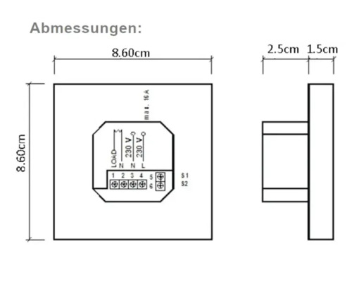 Abmessungen eines Schalters mit den Maßen 8,60 x 8,60 cm und einer Tiefe von 2,5 cm und 1,5 cm.