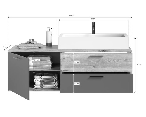 Waschtischunterschrank mit Schubladen, Schrankfach und Abmessungen