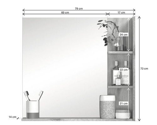 Badezimmerspiegel mit Regal und Maßangaben