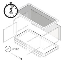 Illustration des Aufbaus eines Möbelstücks mit einer Montagezeit von 5 Minuten und 12 Schrauben