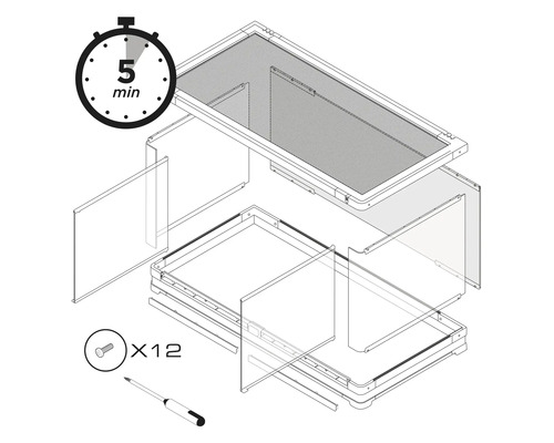 Explosionszeichnung eines Möbelstücks mit dem Symbol für eine Montagezeit von 5 Minuten und 12 Schrauben