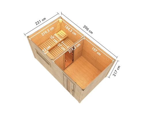 Abbildung einer Gartensauna mit den Maßen 231 cm x 396 cm, Höhe 217 cm.