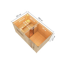 Abbildung eines Holzhauses mit den Maßangaben 231 cm, 219,5 cm, 52 cm, 57 cm, 184,5 cm, 396 cm, 197 cm und 217 cm.