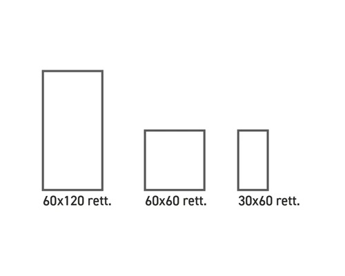 Illustration verschiedener Fliesengrößen: 60x120, 60x60 und 30x60