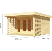 Holzgartenhaus mit Doppeltür und seitlichen Lamellenwänden, Maße 396,5 x 396,5 x 238 cm
