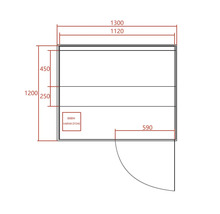 Technische Zeichnung einer Sauna mit Maßangaben und Positionierung des 3500W Harvia Ofens